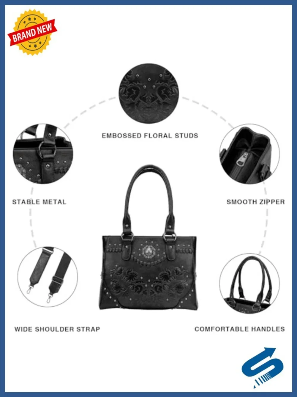 Vintage Embossed Concho Studs Tote Bag Faux Leather Top Handle Shoulder Handbag